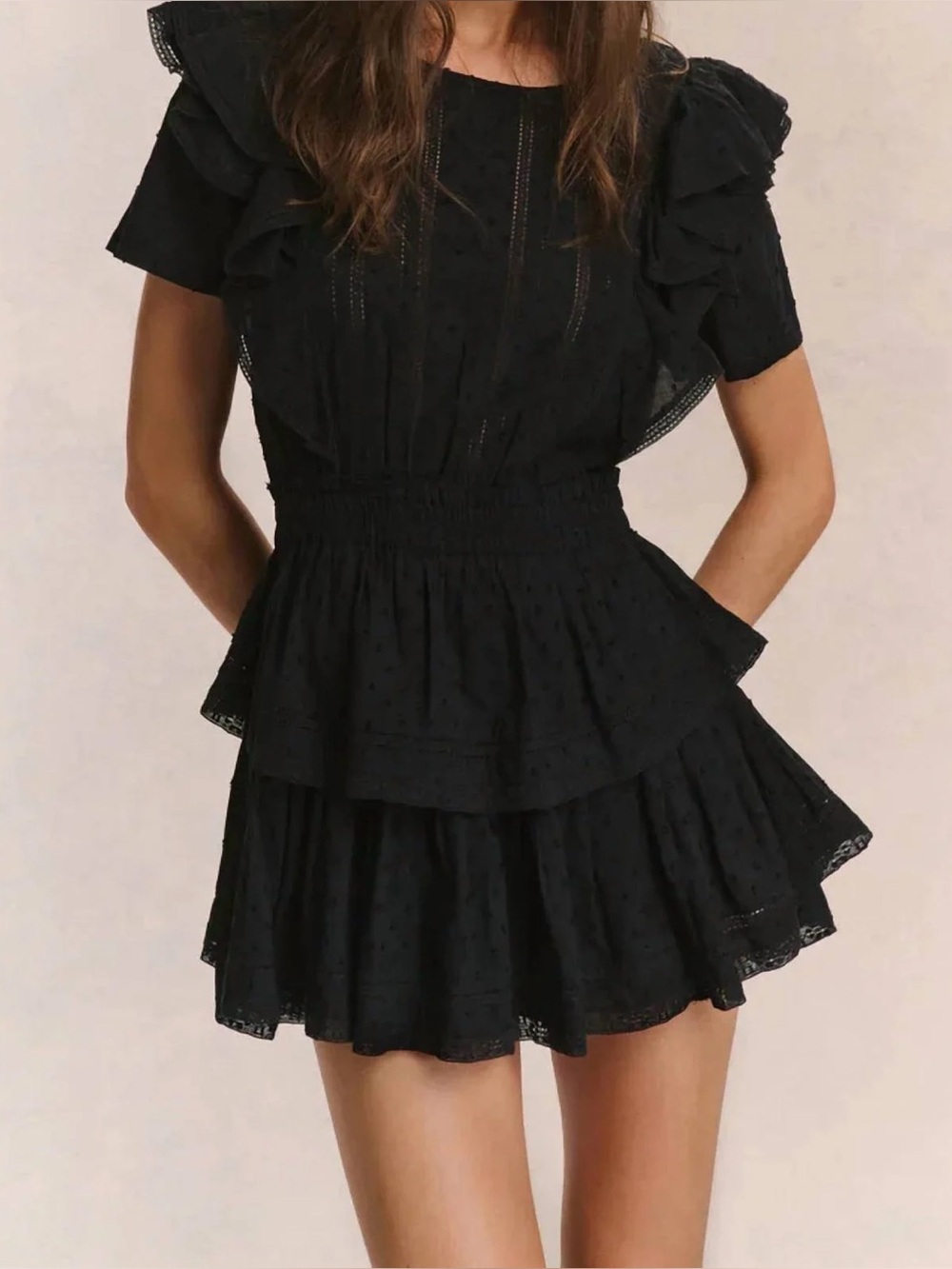LoveShackFancy Black Ruffled Short Sleeve Natasha Dress